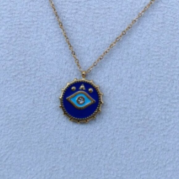 Nazar Evil Eye Cobalt Blue Turquoise Enamel Rose Gold Inset Crystals O Chain NWT - Picture 5 of 6